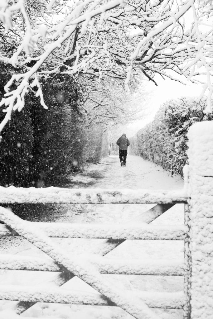 _DSC9999 Thaxted Essex walking on snowy country lane
