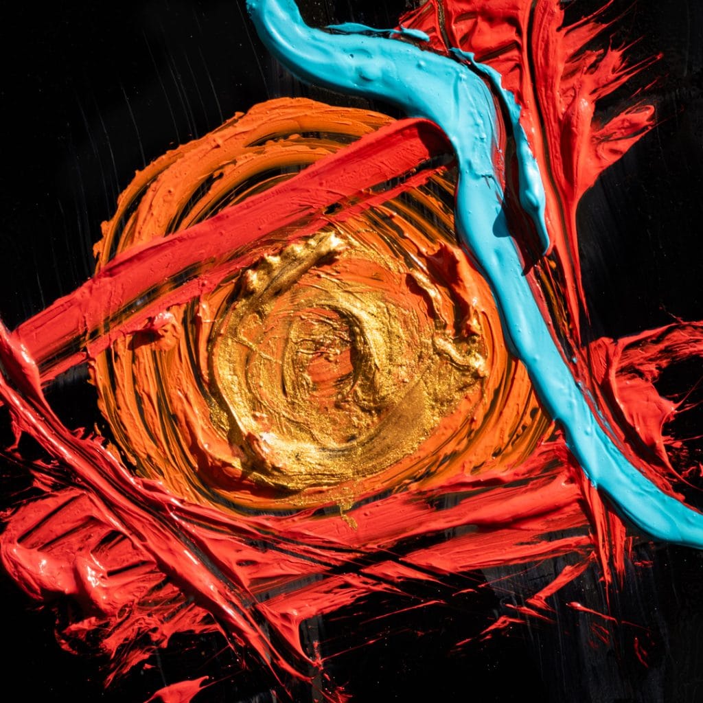 DSFF0283 Photo of abstract art piece - black, red, orange, blue and gold colours